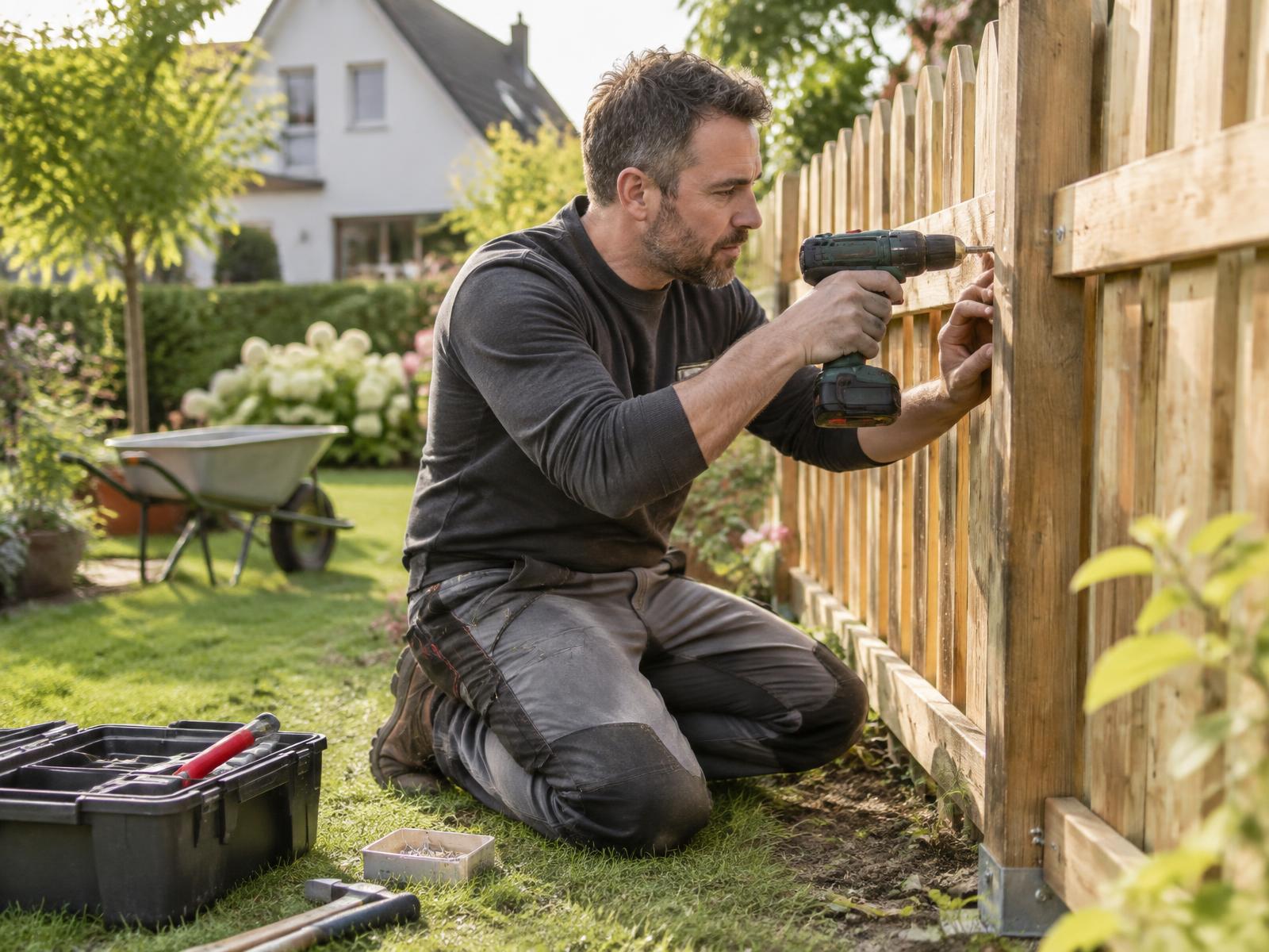 Handwerker befestigt mit einem Akkuschrauber einen Zaunlatten auf einer gepflegten Gartenanlage