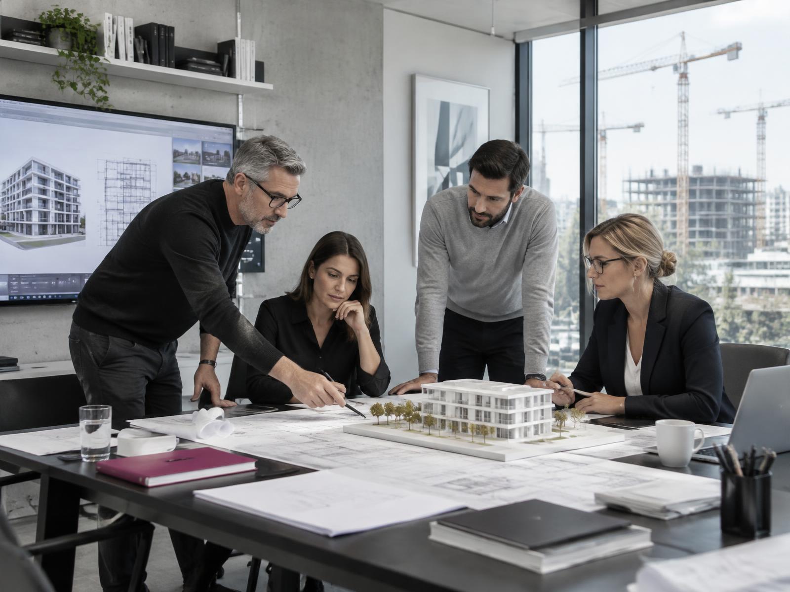 Architekten und Ingenieure bei einer Planungsbesprechung im modernen Büro