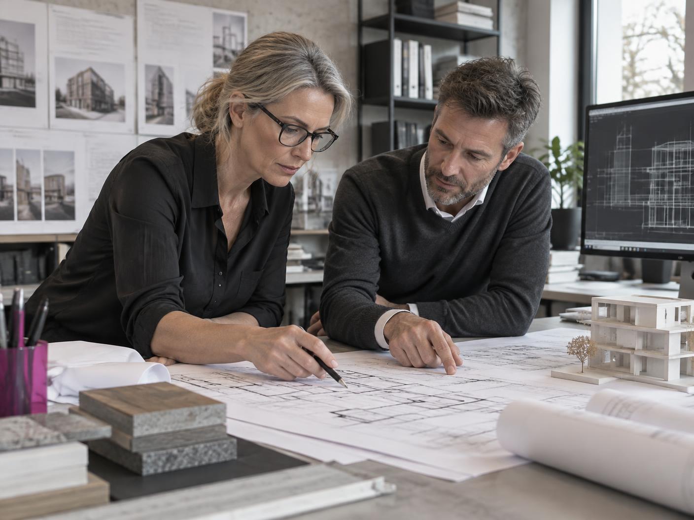 Architektin und Ingenieur prüfen technische Baupläne