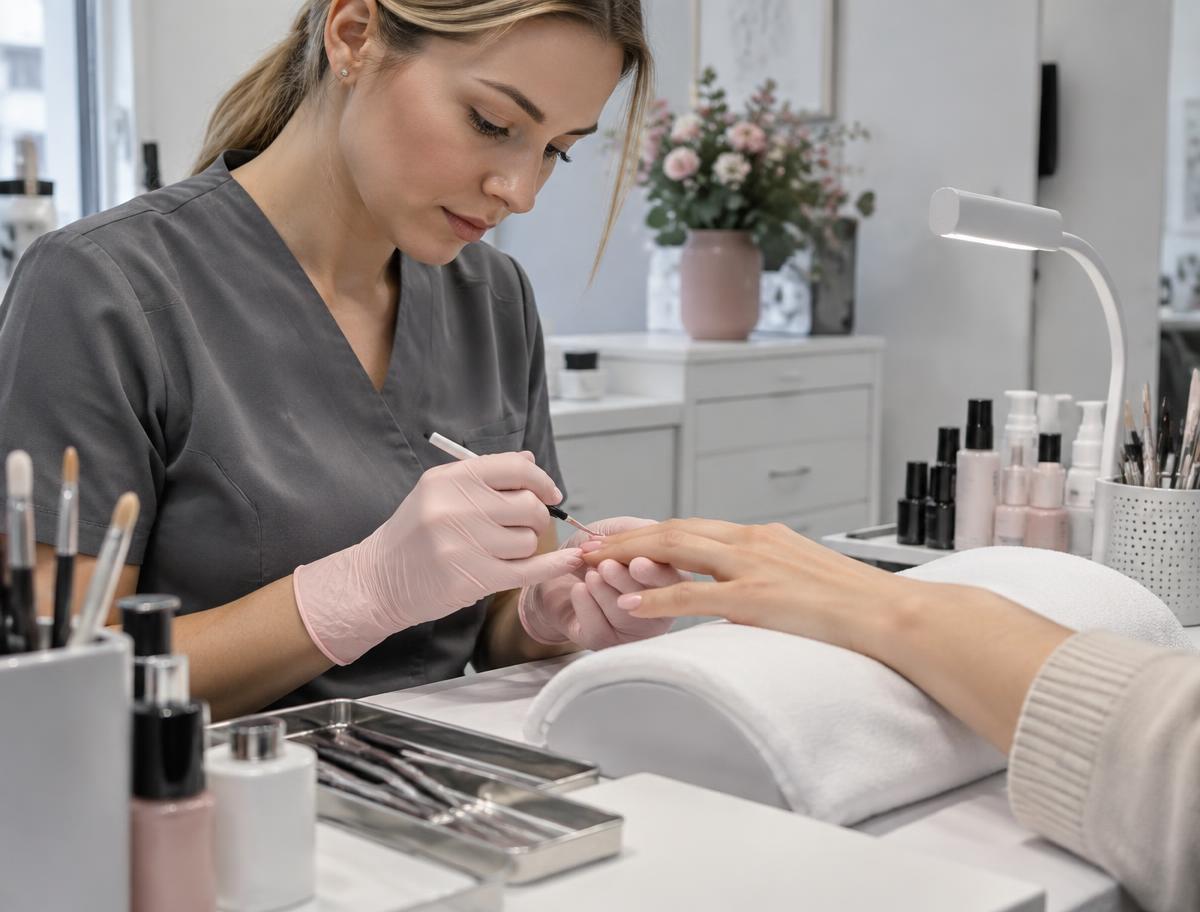 Nageldesignerin bei der Arbeit an einem professionellen Arbeitsplatz