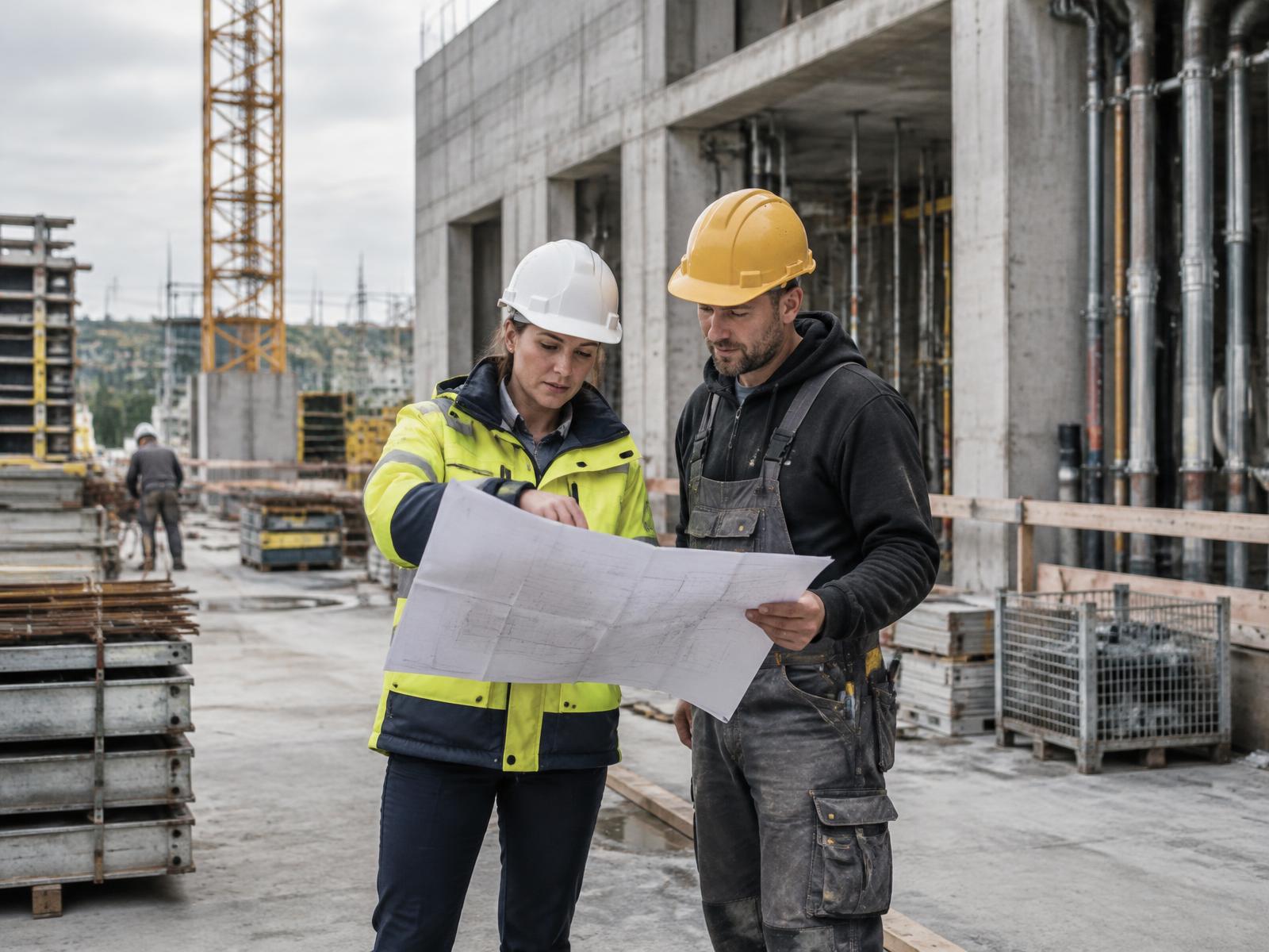 Bauleiterin und Handwerker besprechen Baupläne auf einer modernen Baustelle