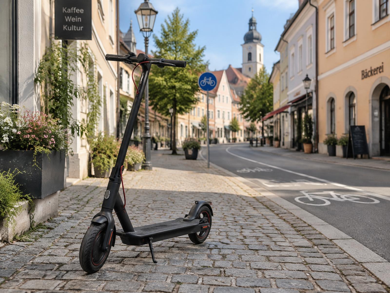 Moderner E-Scooter auf einer Straße in einer süddeutschen Kleinstadt