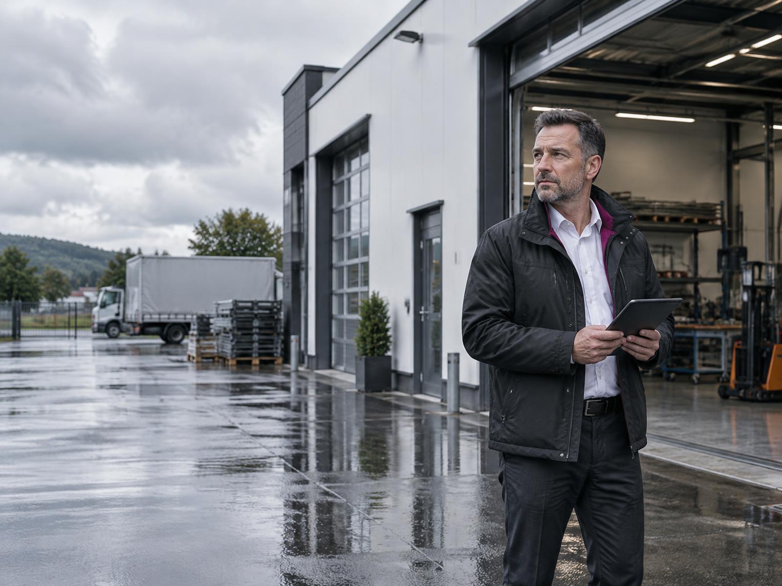 Moderner Gewerbebetrieb nach einem starken Regenschauer