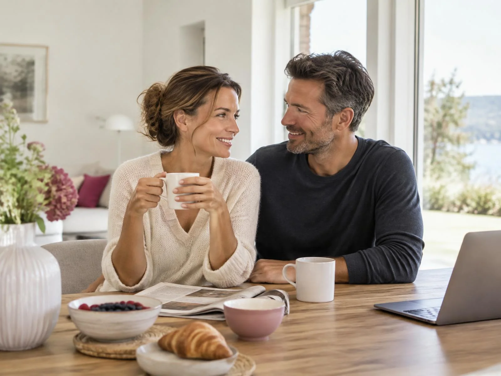 Ein Paar spricht in heller, entspannter Atmosphäre über seine Gesundheitsvorsorge