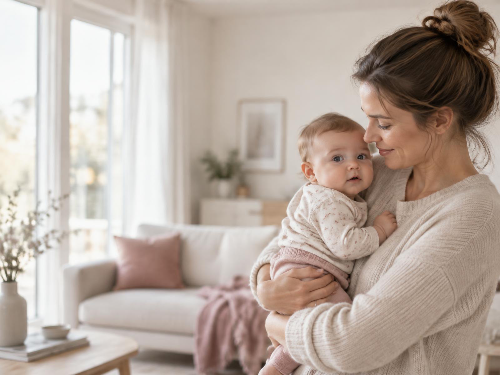 Mutter hält ihr Baby in einer hellen, ruhigen Wohnsituation