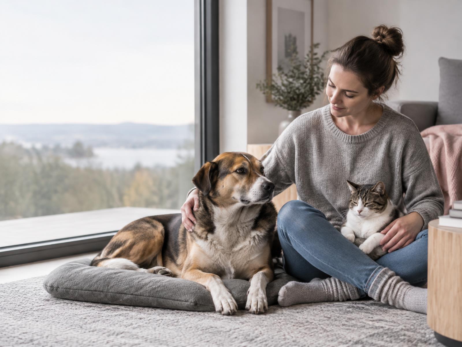 Tierhalterin mit Hund und Katze in ruhiger häuslicher Umgebung
