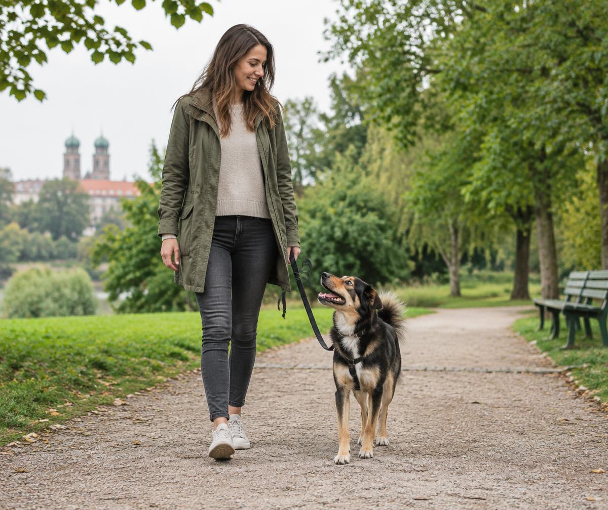 Hundehalterin bei einem ruhigen Spaziergang mit ihrem Hund
