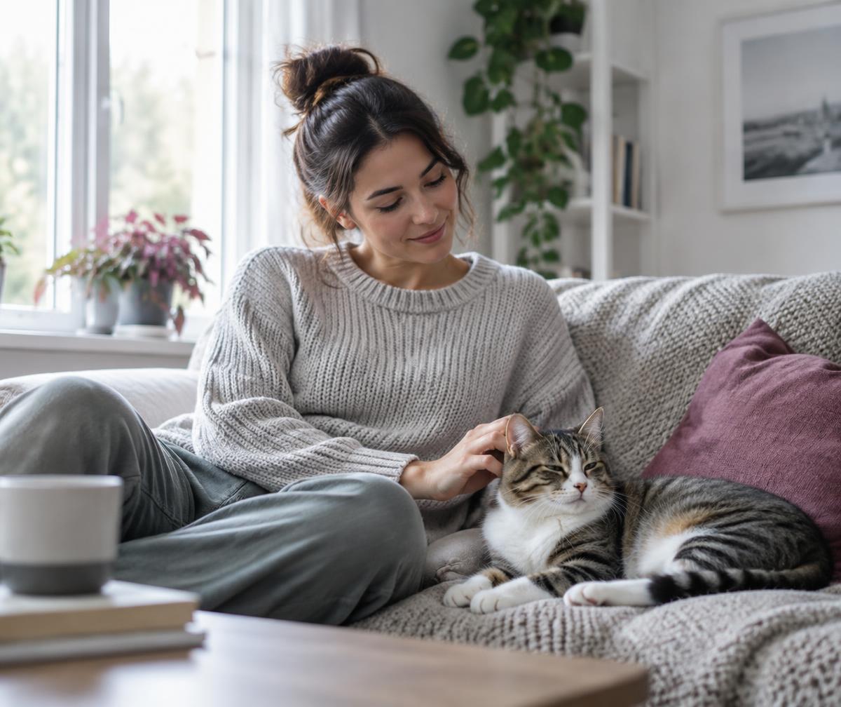 Katzenhalterin mit ihrer Katze in natürlicher häuslicher Umgebung
